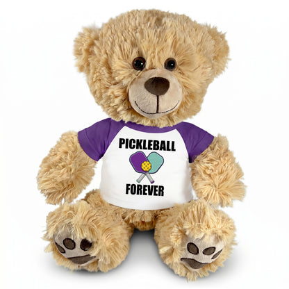 Personalized Pickleball Teddy Bear - 14" Honey Bear, Paddle Design - Purple sleeved shirt