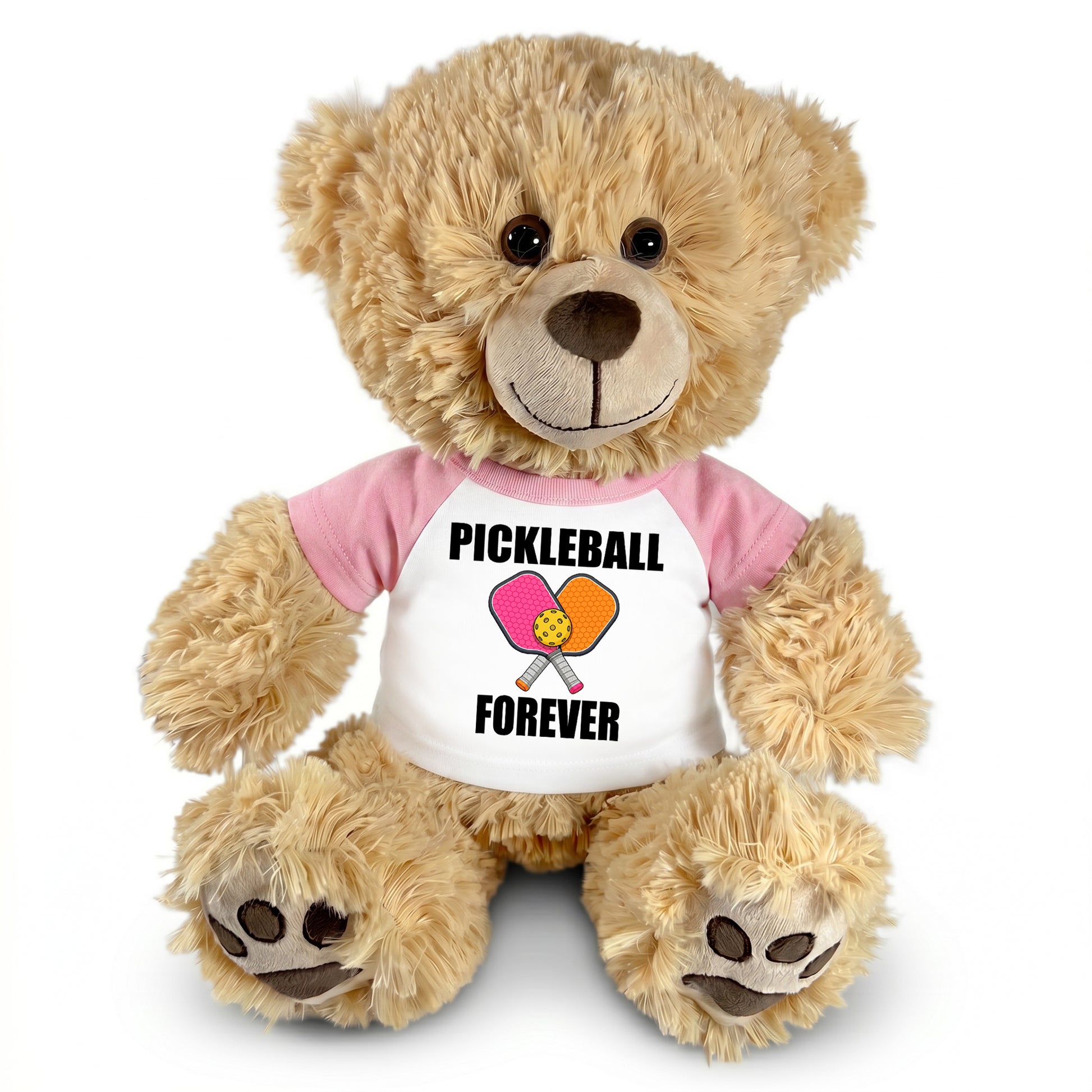 Personalized Pickleball Teddy Bear - 14" Honey Bear, Paddle Design - pink sleeved shirt
