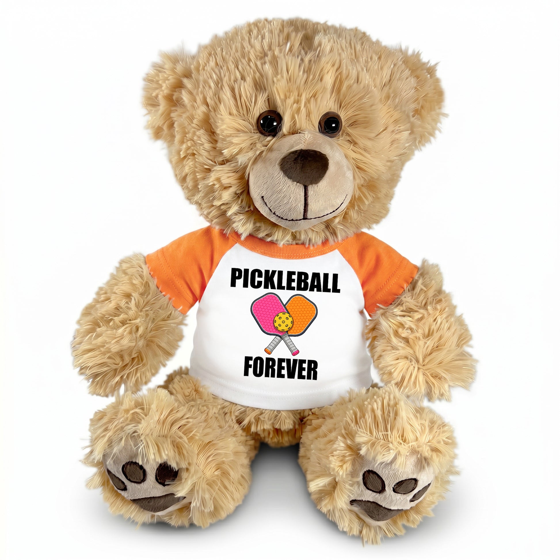 Personalized Pickleball Teddy Bear - 14" Honey Bear, Paddle Design - orange sleeved shirt
