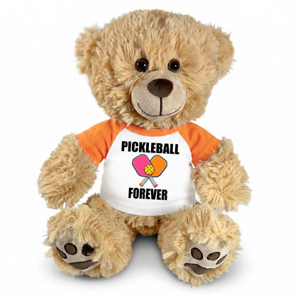 Personalized Pickleball Teddy Bear - 14" Honey Bear, Paddle Design - orange sleeved shirt