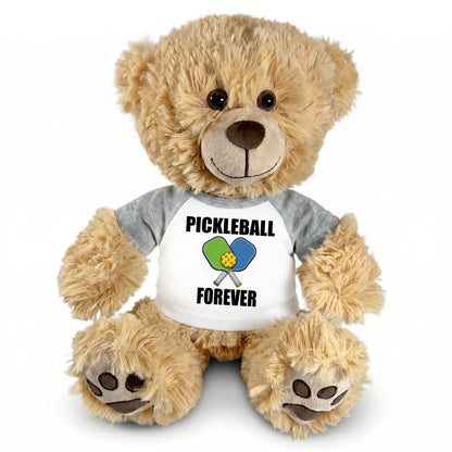 Personalized Pickleball Teddy Bear - 14" Honey Bear, Paddle Design - grey sleeved shirt