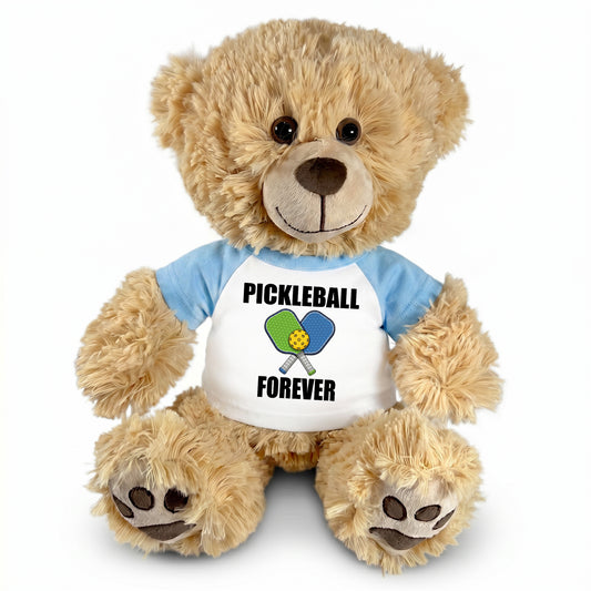 Personalized Pickleball Teddy Bear - 14" Honey Bear, Paddle Design - light blue sleeved shirt