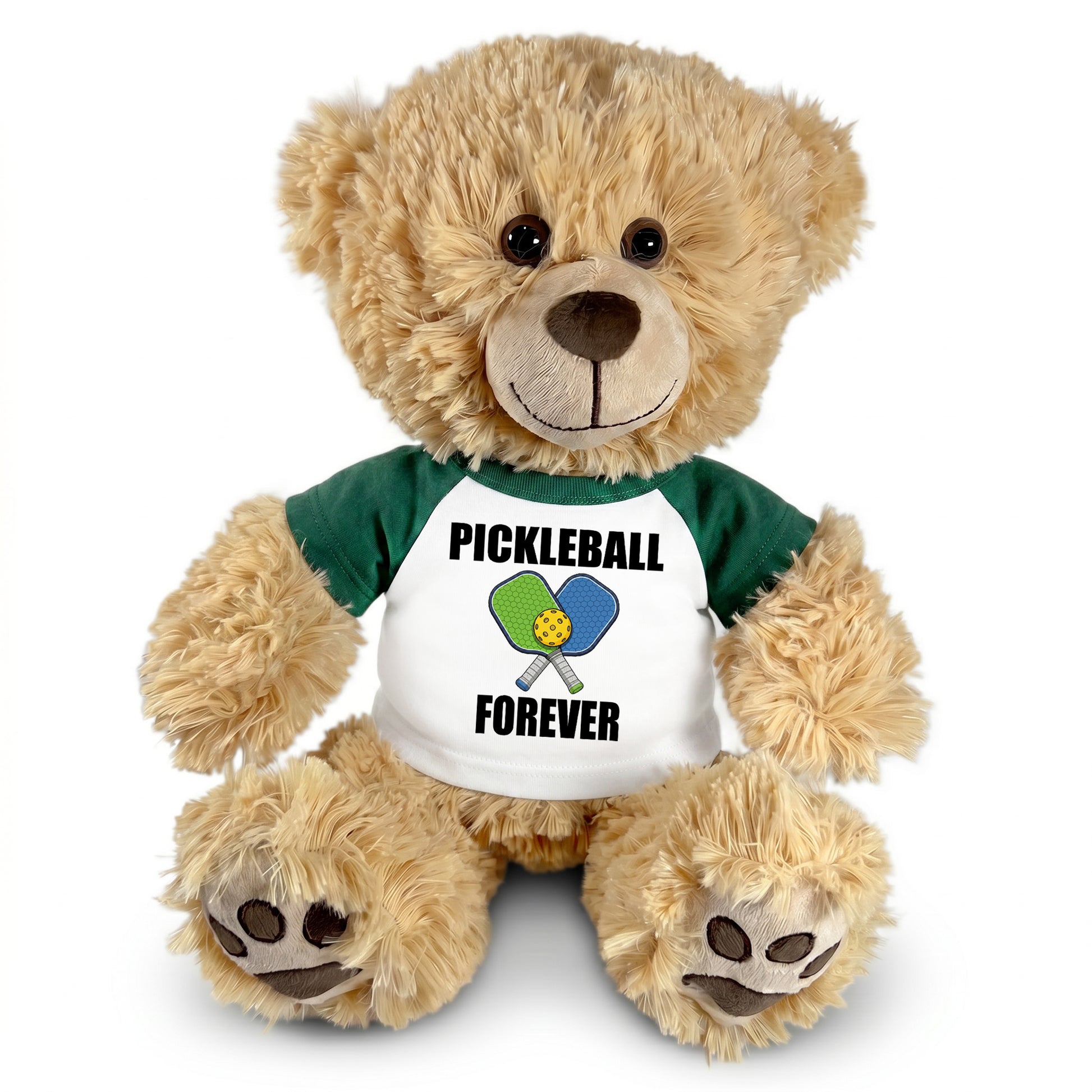 Personalized Pickleball Teddy Bear - 14" Honey Bear, Paddle Design - Green sleeved shirt