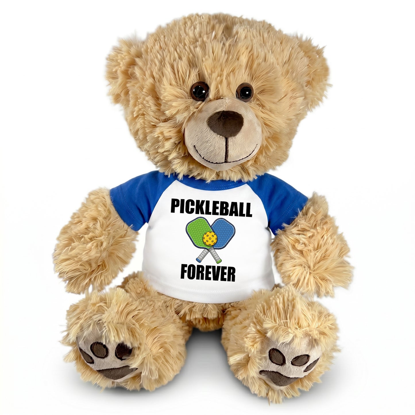 Personalized Pickleball Teddy Bear - 14" Honey Bear, Paddle Design - royal blue sleeved shirt