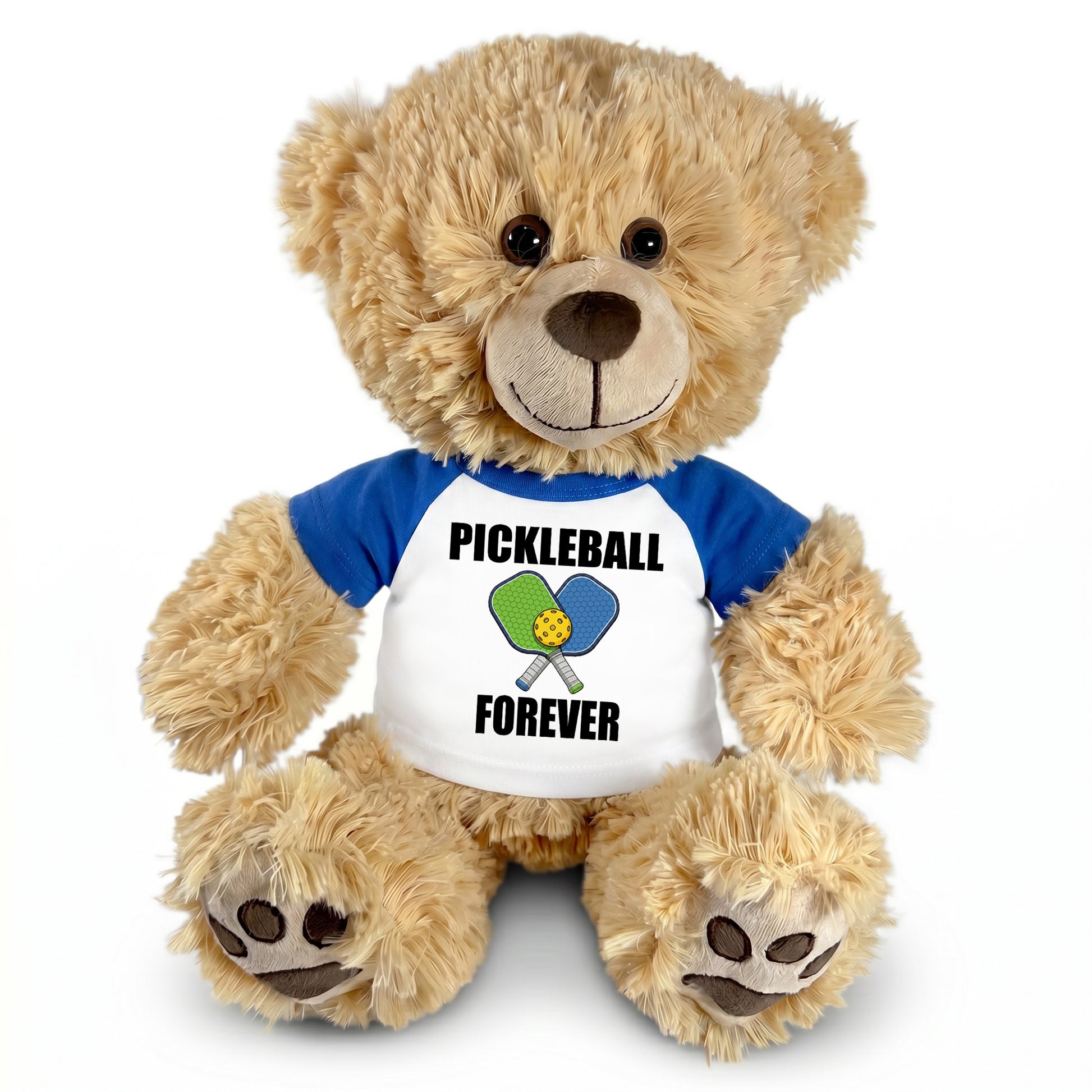 Personalized Pickleball Teddy Bear - 14" Honey Bear, Paddle Design - royal blue sleeved shirt