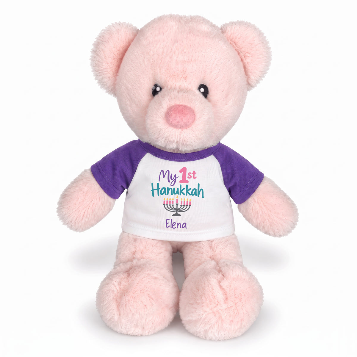 Personalized Hanukkah Teddy Bear - 11 Inch Pink Baby Kori Bear - Purple, My 1st Hanukkah