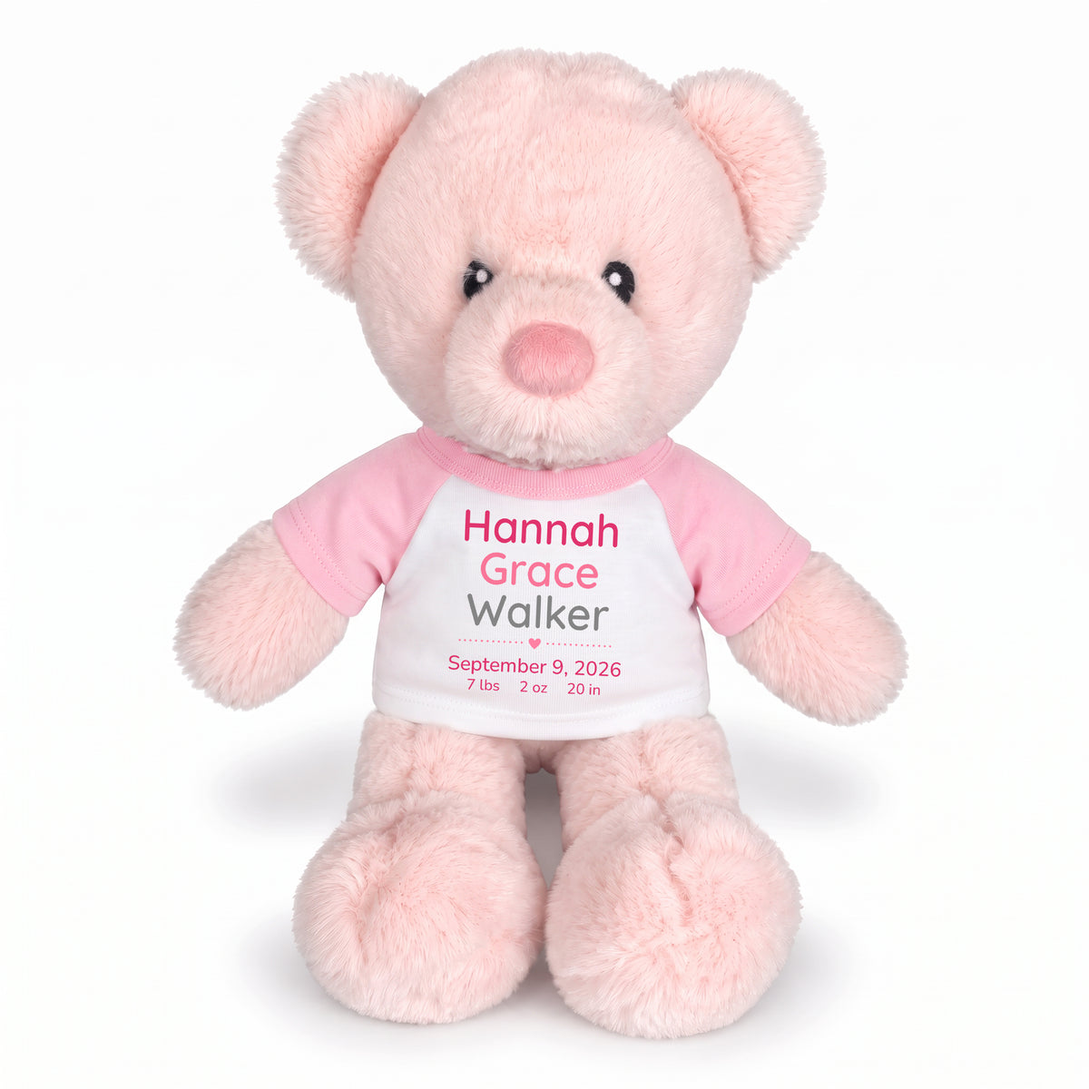 Personalized Teddy Bear for Baby Girl - 11" Pink Baby Bear - Pink Shirt with Pink & Grey Design, 