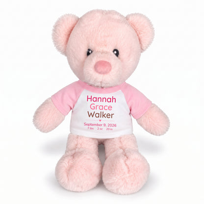 Personalized Teddy Bear for Baby Girl - 11" Pink Baby Bear - Pink Shirt with Pink & Brown Design, 