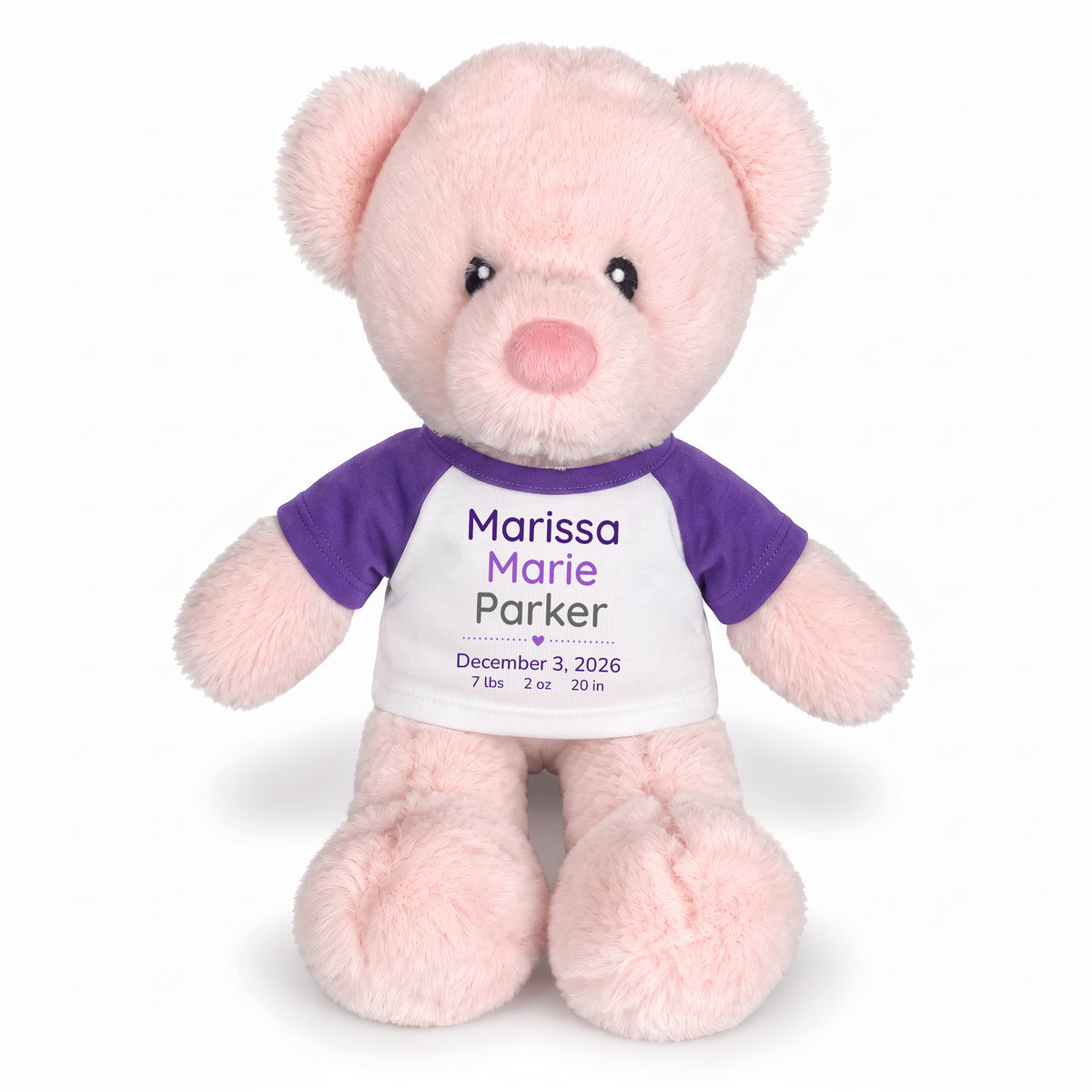 Personalized Teddy Bear for Baby Girl - 11" Pink Baby Bear - Purple Shirt with Purple & Grey Design, 