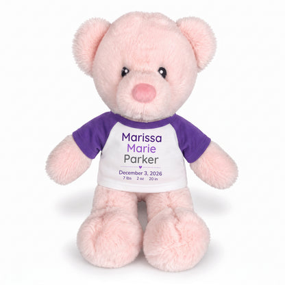 Personalized Teddy Bear for Baby Girl - 11" Pink Baby Bear - Purple Shirt with Purple & Grey Design, 