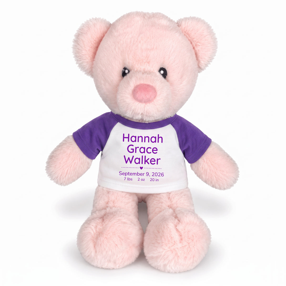Personalized Teddy Bear for Baby Girl - 11" Pink Baby Bear - Purple Shirt with Purple Design, 