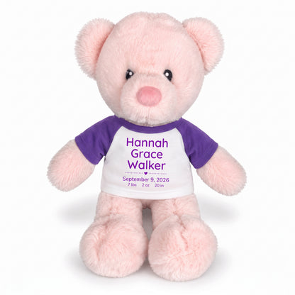 Personalized Teddy Bear for Baby Girl - 11" Pink Baby Bear - Purple Shirt with Purple Design, 