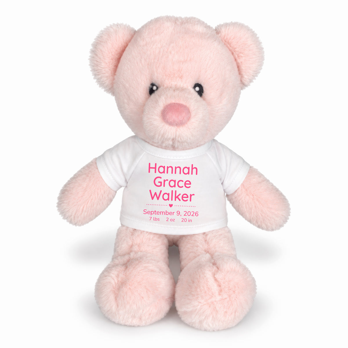 Personalized Teddy Bear for Baby Girl - 11" Pink Baby Bear - White Shirt with Pink Design, 