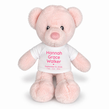 Personalized Teddy Bear for Baby Girl - 11" Pink Baby Bear - White Shirt with Pink Design, 