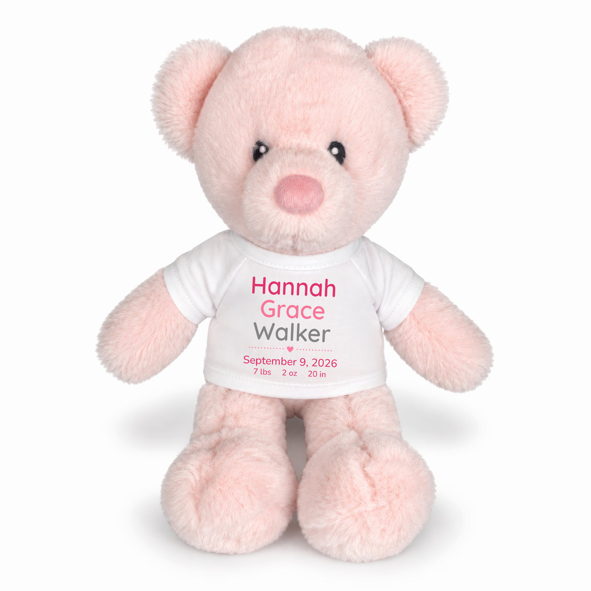 Personalized Teddy Bear for Baby Girl - 11" Pink Baby Bear - White Shirt with Pink & Grey Design, 