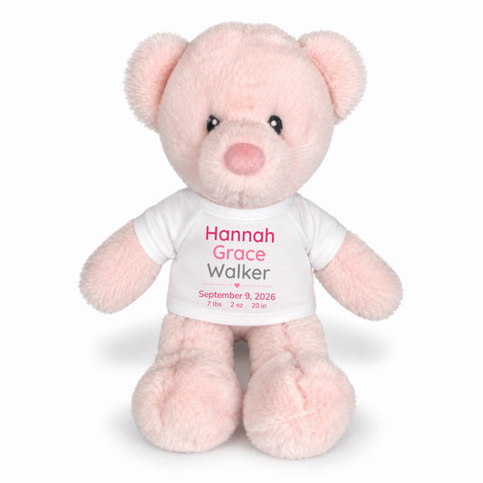 Personalized Teddy Bear for Baby Girl - 11" Pink Baby Bear - White Shirt with Pink & Grey Design, 