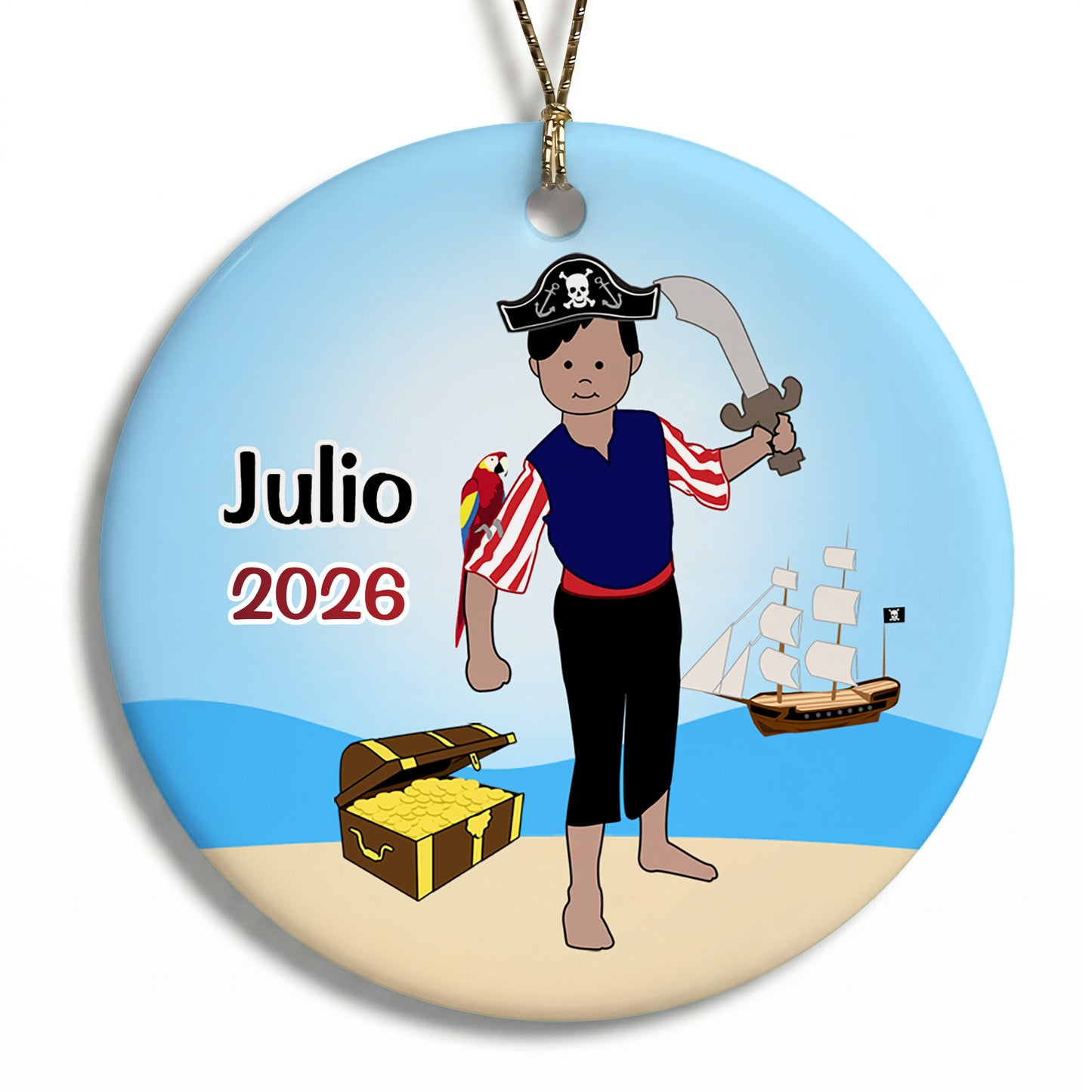 Pirate Personalized Christmas Ornament - Medium Skin with Black Hair