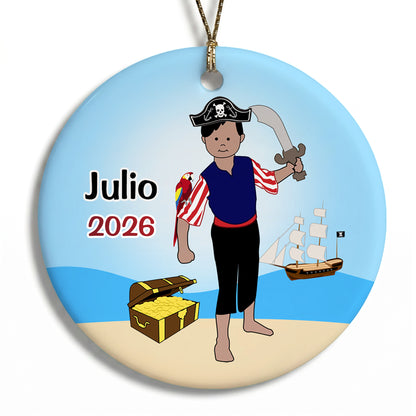 Pirate Personalized Christmas Ornament - Medium Skin with Black Hair