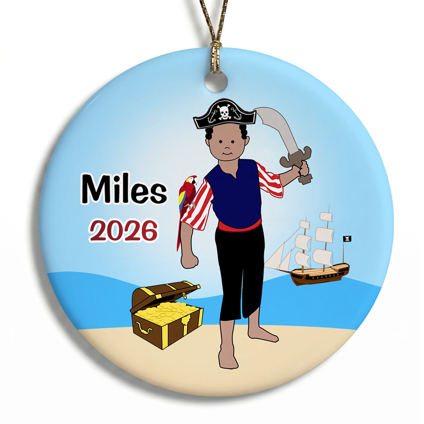 Pirate Personalized Christmas Ornament - Black / African American with Medium Skin