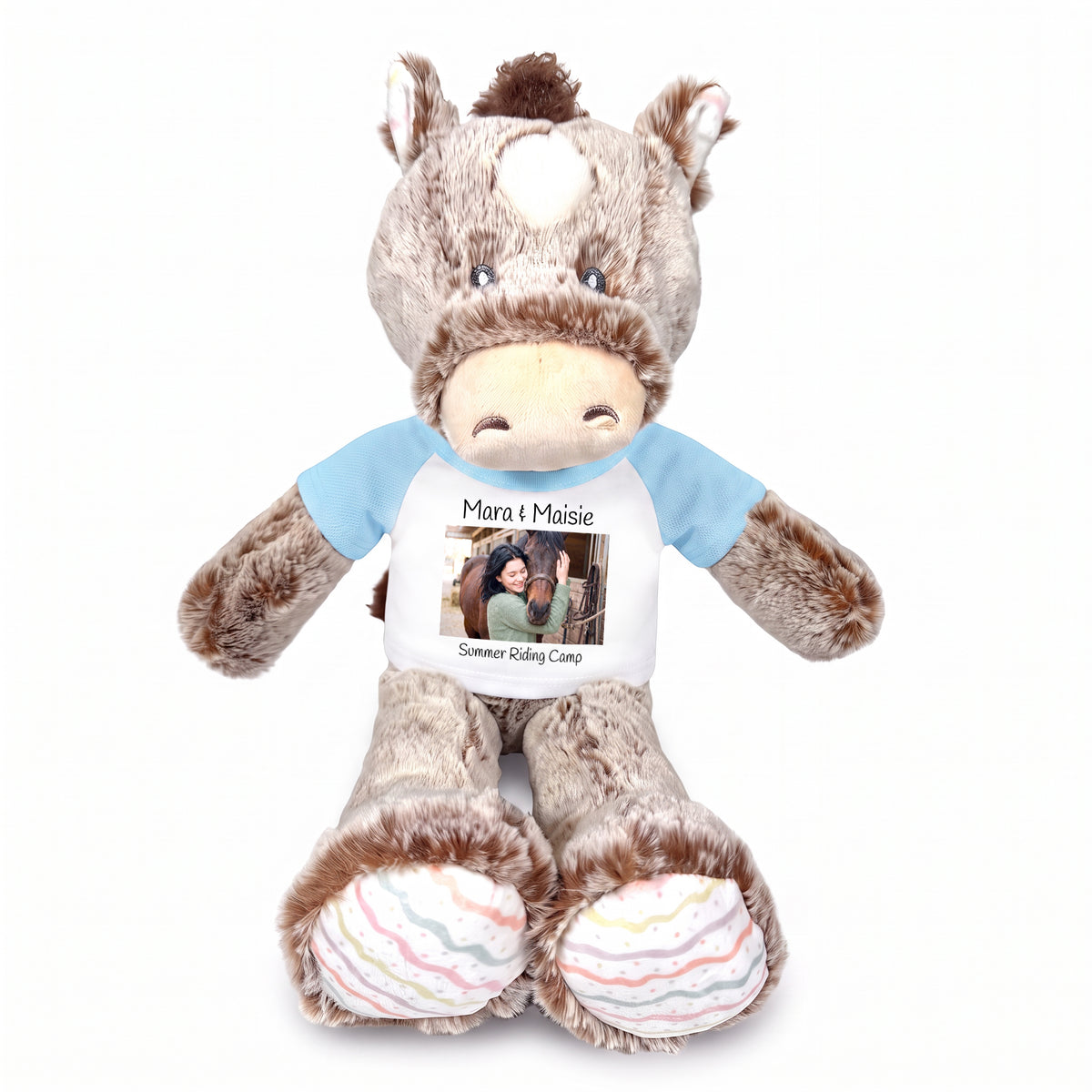 Personalized Stuffed Horse -  12 inch Promise Pony with Photo and/or Text - Light Blue Shirt