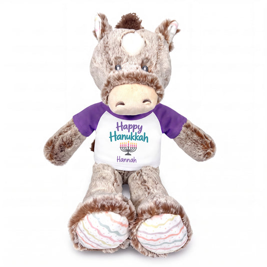 Personalized Hanukkah Stuffed Horse - 12 Inch Plush Promise Pony - Happy Hanukkah, Purple Shirt / Pastel Design