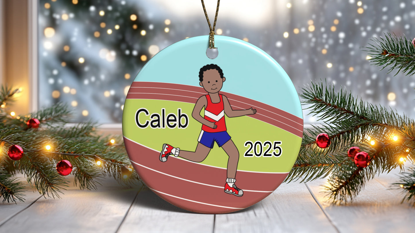 Running / Track Boy Personalized Christmas Ornament - Black, African American
