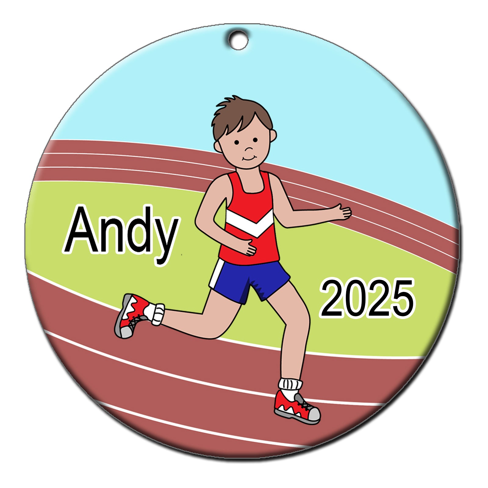 Running / Track Boy Personalized Christmas Ornament - Brown Hair