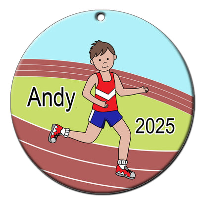 Running / Track Boy Personalized Christmas Ornament - Brown Hair