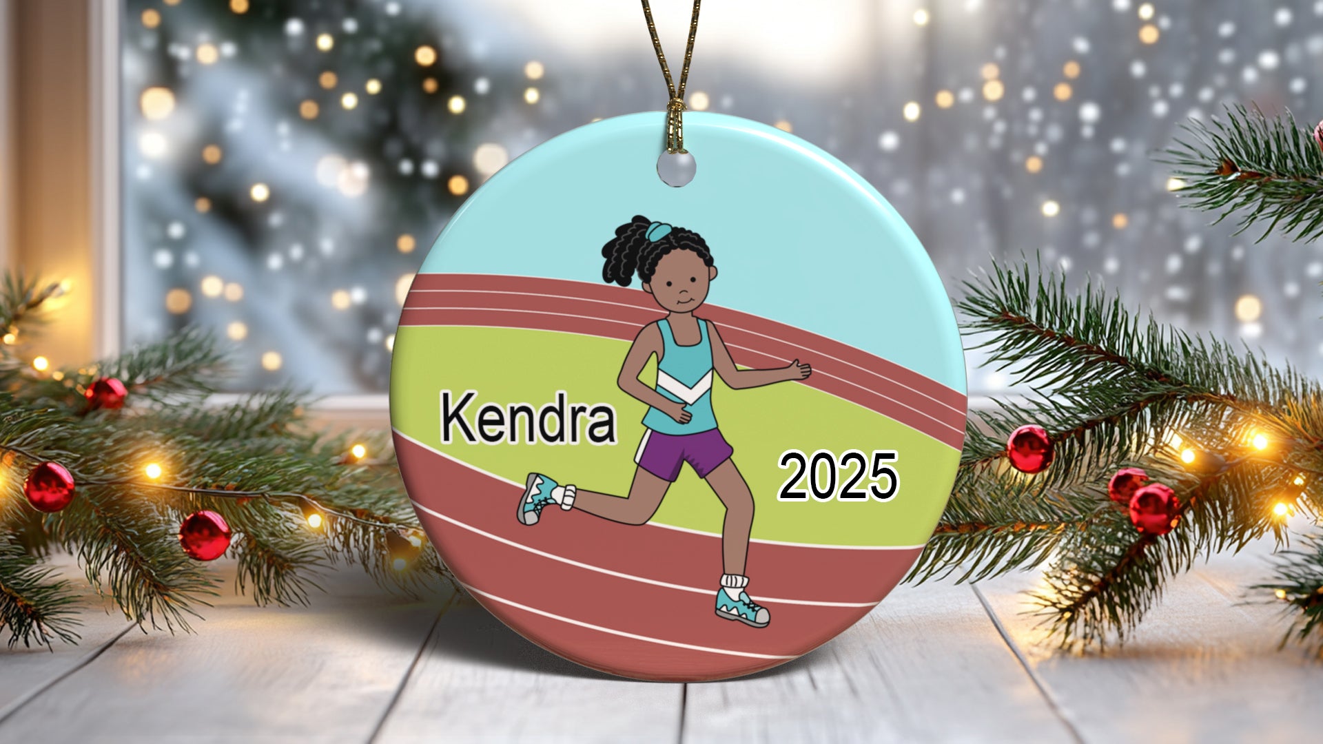 Running / Track Girl Personalized Christmas Ornament, Black, African American