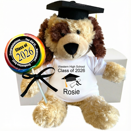 Graduation Dog Personalized Gift Set - 12" Plush Spotty Puppy, Class of 2026