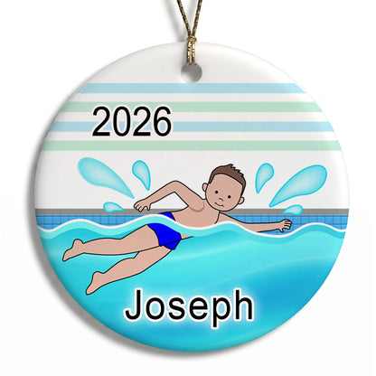 Personalized Swimming Boy Christmas Ornament - Brown Hair