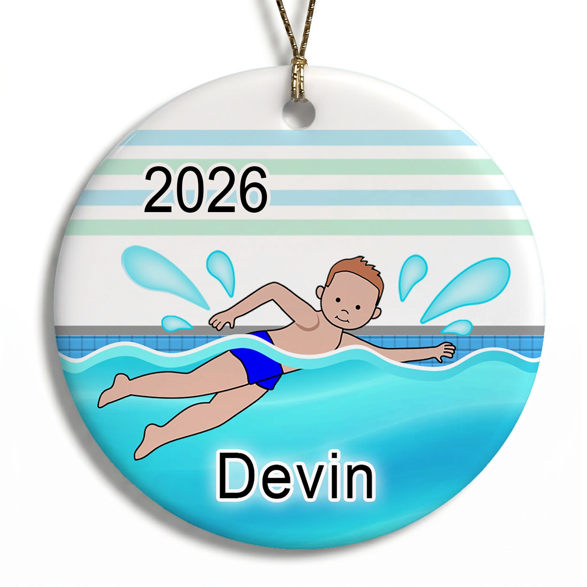 Personalized Swimming Boy Christmas Ornament - Red Hair