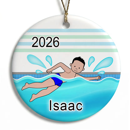 Personalized Swimming Boy Christmas Ornament - - Black Hair