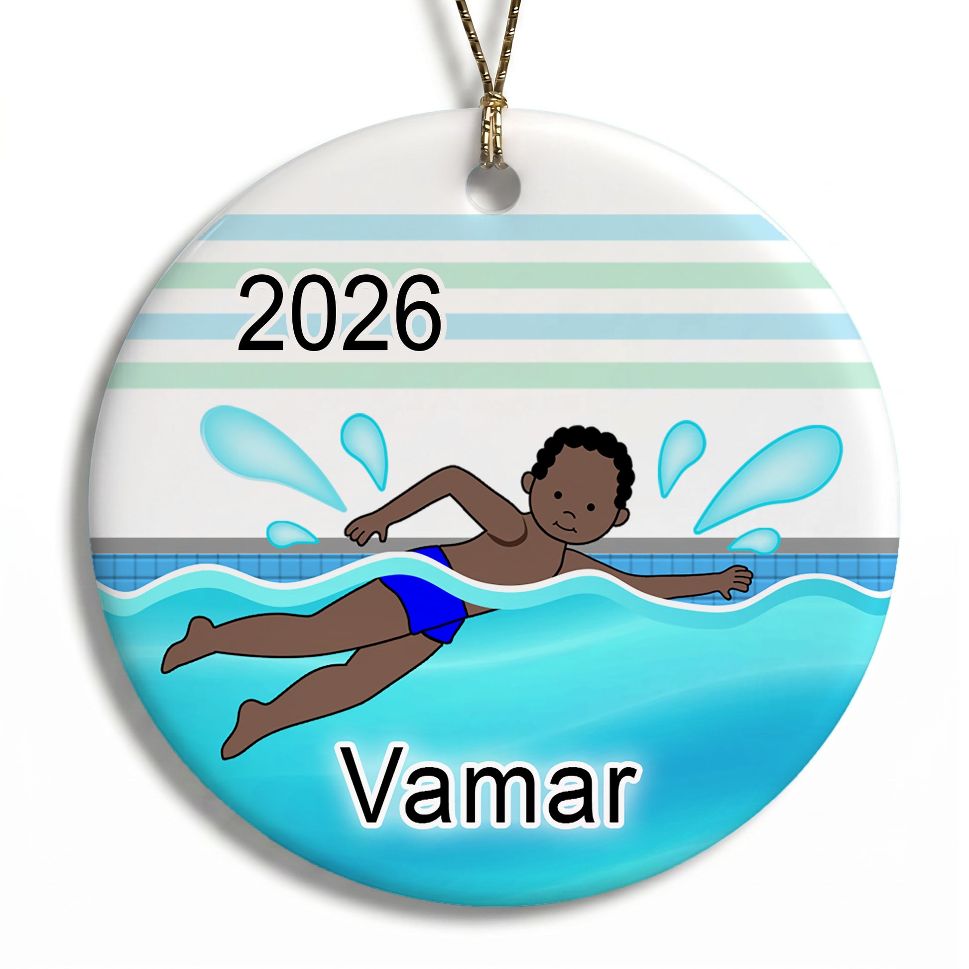 Personalized Swimming Boy Christmas Ornament - Black/African American Dark Skin/Curly Black Hair