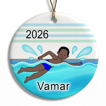 Personalized Swimming Boy Christmas Ornament - Black/African American Dark Skin/Curly Black Hair