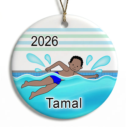 Personalized Swimming Boy Christmas Ornament - Black / African American, Medium Skin, Curly Dark Hair