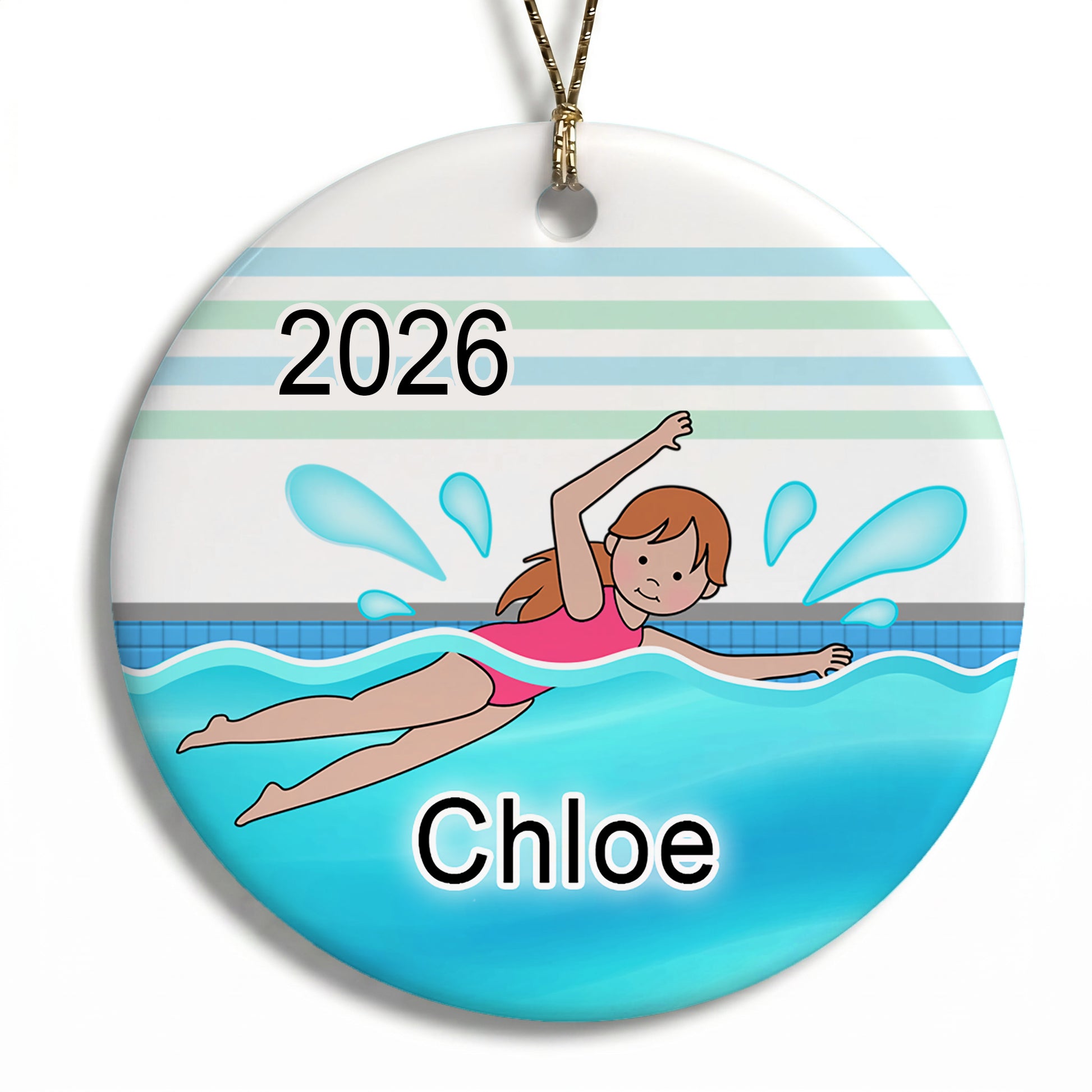 Personalized Swimming Girl Christmas Ornament - Red Hair