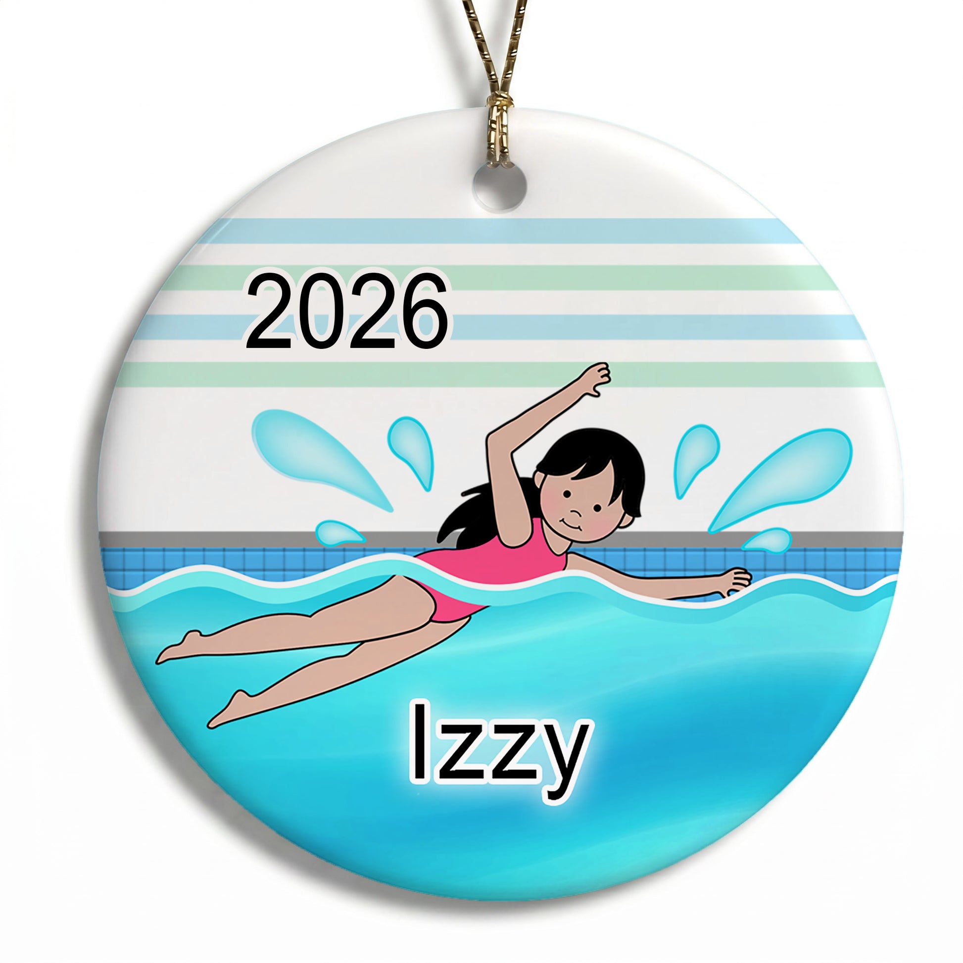 Personalized Swimming Girl Christmas Ornament - Black Hair