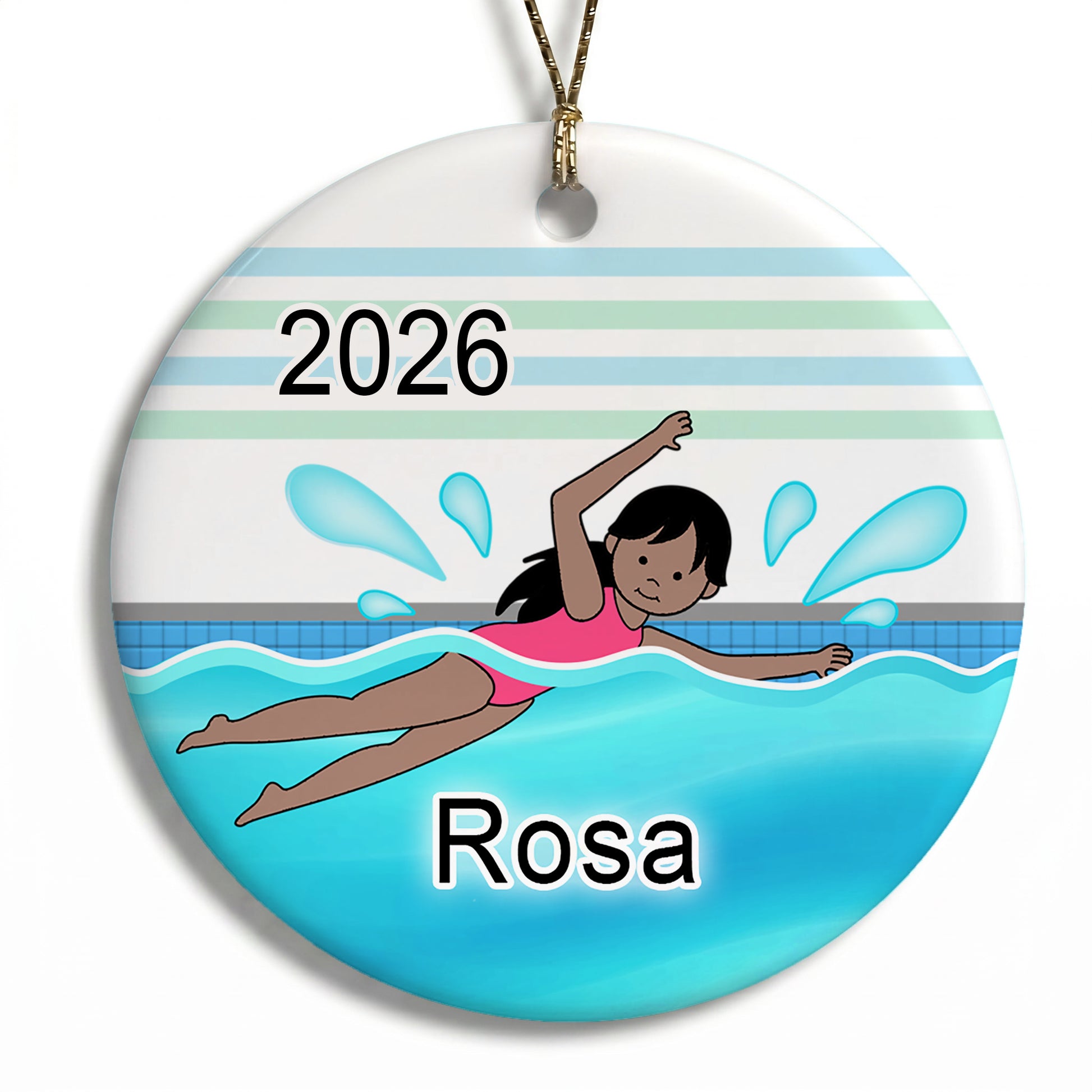 Personalized Swimming Girl Christmas Ornament - Black Hair, Medium Skin