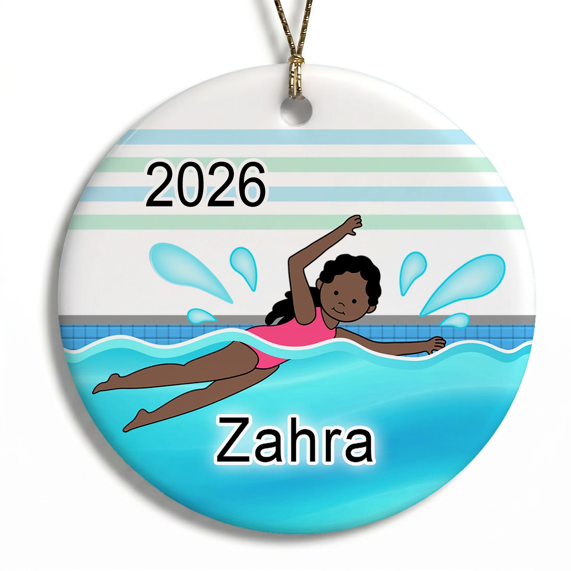 Personalized Swimming Girl Christmas Ornament - Black / African American, Dark Skin