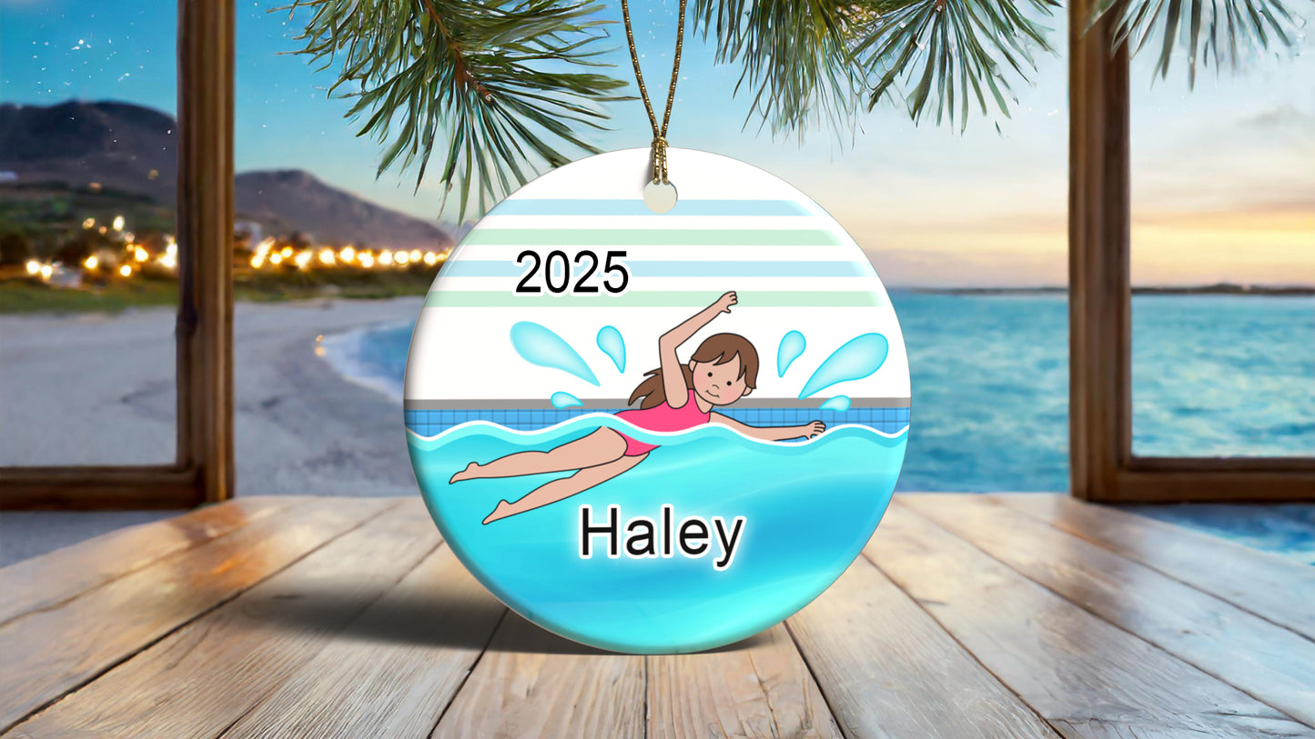 Swimming Girl Personalized Christmas Ornament - Brown Hair