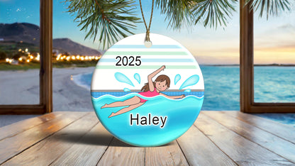 Swimming Girl Personalized Christmas Ornament - Brown Hair