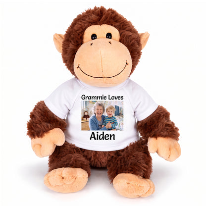 Personalized Stuffed Monkey - Aurora Plush 12" Chimp with Photo and/or Text - White, Print on Front Only (Included)