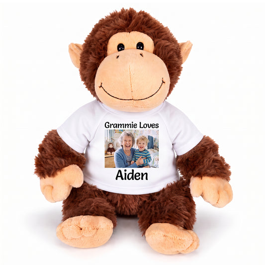 Personalized Stuffed Monkey - Aurora Plush 12" Chimp with Photo and/or Text - White, Print on Front Only (Included)