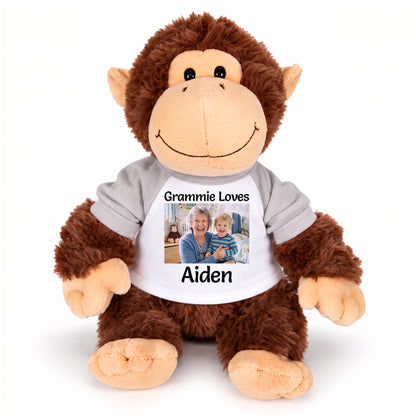 Personalized Stuffed Monkey - Aurora Plush 12" Chimp with Photo and/or Text - White w/Grey Sleeves - add $3, Print on Front Only (Included)