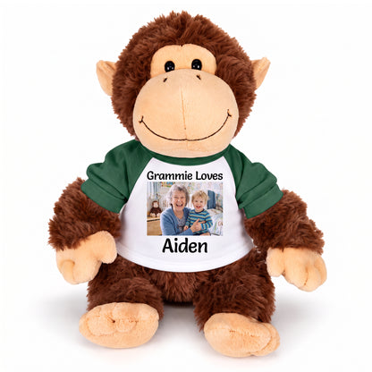 Personalized Stuffed Monkey - Aurora Plush 12" Chimp with Photo and/or Text - White w/Green Sleeves – add $3, Print on Front Only (Included)