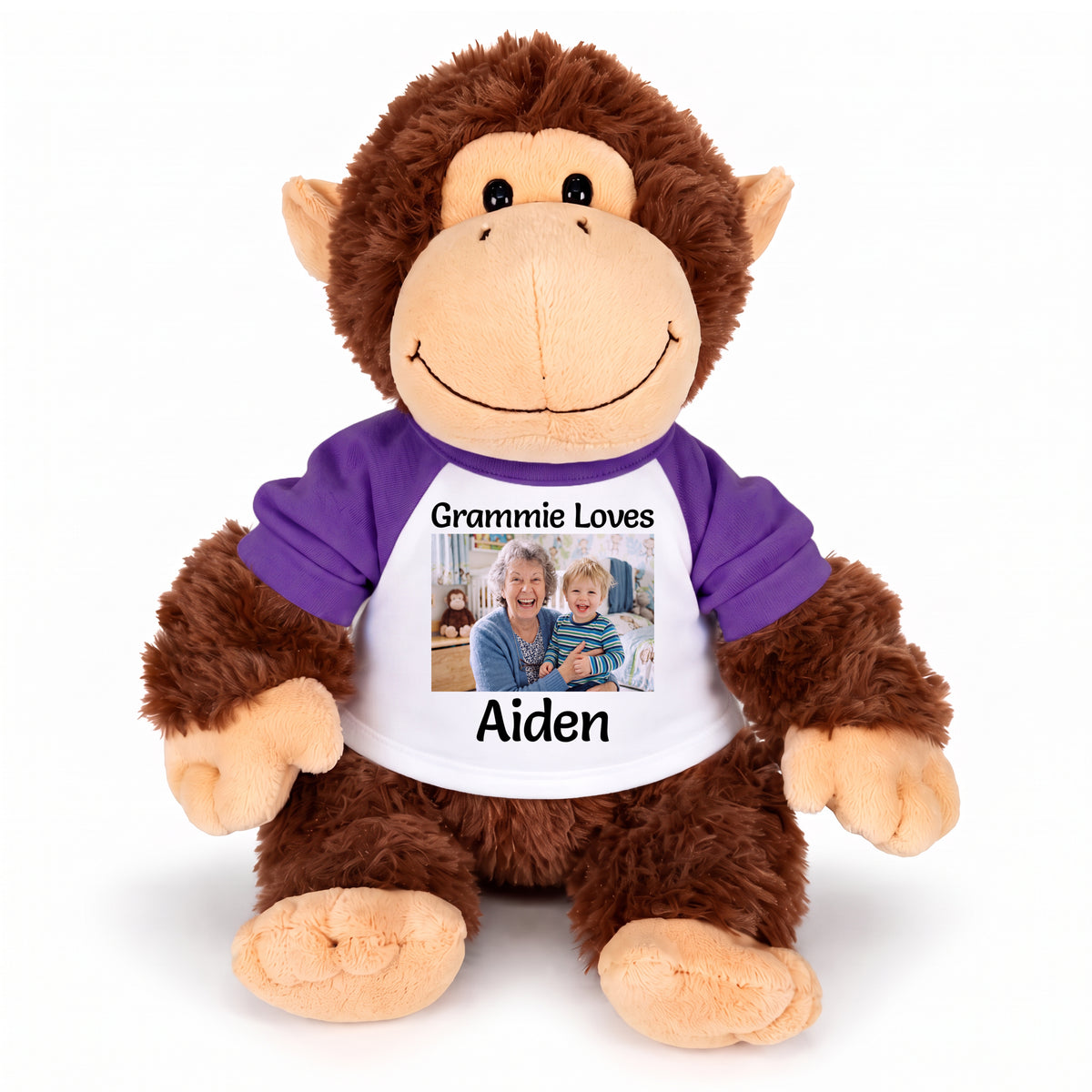 Personalized Stuffed Monkey - Aurora Plush 12" Chimp with Photo and/or Text - White w/Purple Sleeves – add $3, Print on Front Only (Included)