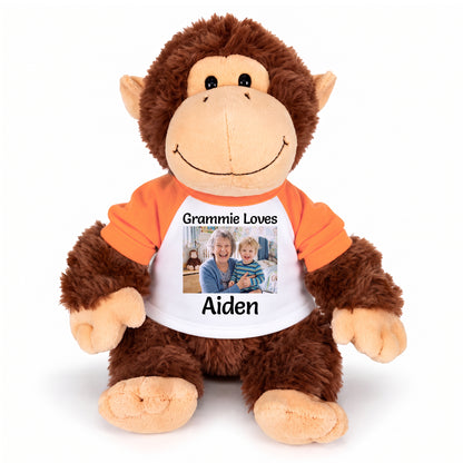 Personalized Stuffed Monkey - Aurora Plush 12" Chimp with Photo and/or Text - White w/Orange Sleeves – add $3, Print on Front Only (Included)