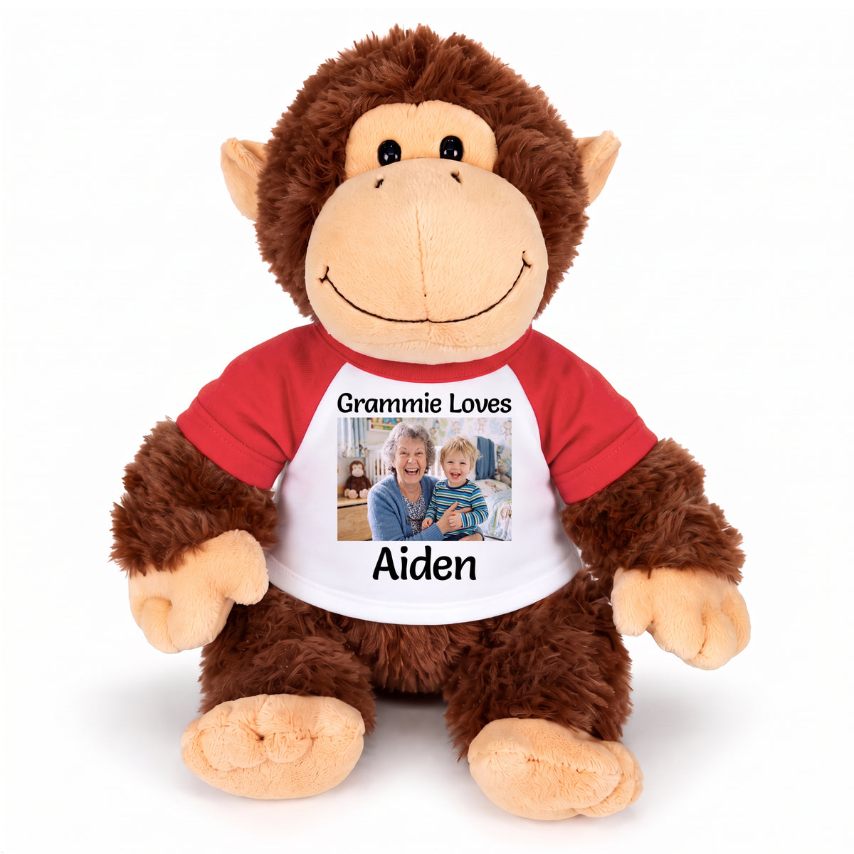 Personalized Stuffed Monkey - Aurora Plush 12" Chimp with Photo and/or Text - White w/Red Sleeves – add $3, Print on Front Only (Included)