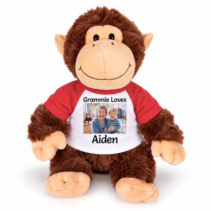 Personalized Stuffed Monkey - Aurora Plush 12" Chimp with Photo and/or Text - White w/Red Sleeves – add $3, Print on Front Only (Included)